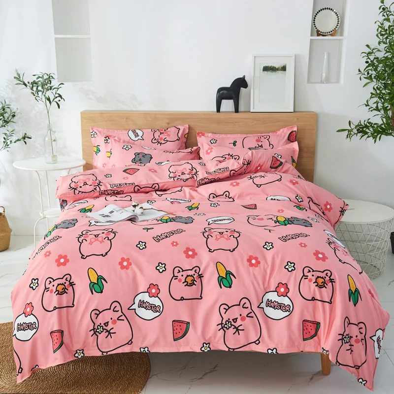 4pcs Cute Cartoon Flower Bedding Set Polyester Home Textile Garden Bed Sheet Quilt Cover Pillow Case Boy Girl Bedding