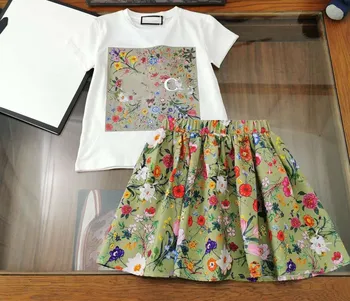 

Instock Girls Clothing set White Letter Printed T shirt+ Flower SkirtT oddler Girls Clothing Brand Girls Clothes 2 to 12Y