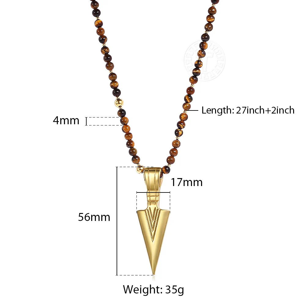 Уникальный Мужской Neckalcek 4 мм Длинный тигр глаз камень бисером золотой цвет стрела из нержавеющей стали кулон ожерелье мужские ювелирные изделия DN121 - Окраска металла: DN121