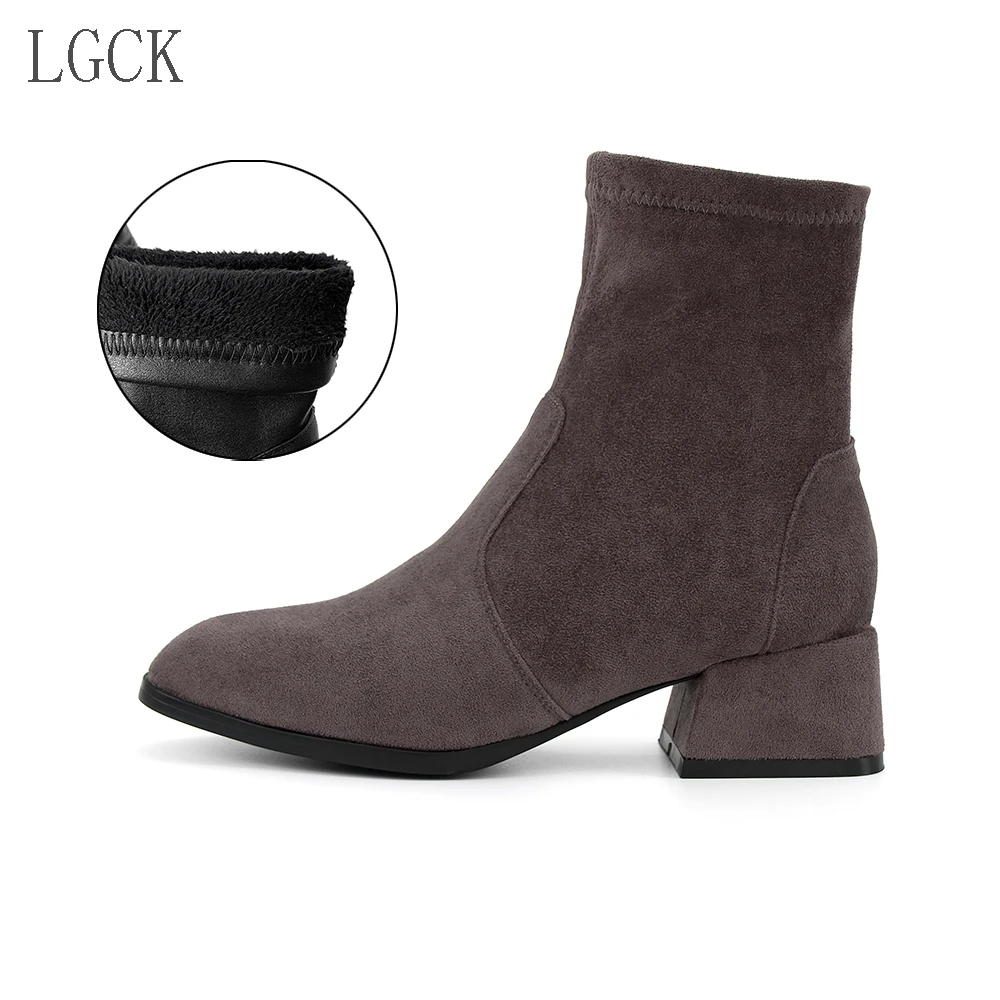 gray thick fur Большие размеры 34-43; эластичные носки из натуральной кожи; женская обувь; ботильоны без застежки; элегантная обувь на высоком квадратном каблуке; сезон весна-Зима - Цвет: gray thick fur