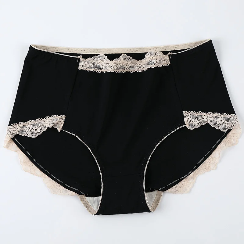 Black Высокая талия женское нижнее белье размера плюс XXL-4XL кружевные трусики тутового шелка антибактериальные промежности бесшовные трусы из хлопка женские - Цвет: Black