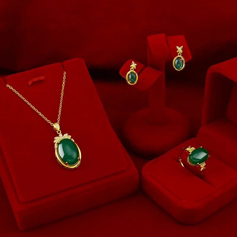 

Natural Emerald Gemstone Gold Necklace Pendant 14k Yellow Gold Jewelry Set Ring Gemstone Stud Earrings for Women Wedding Jewery