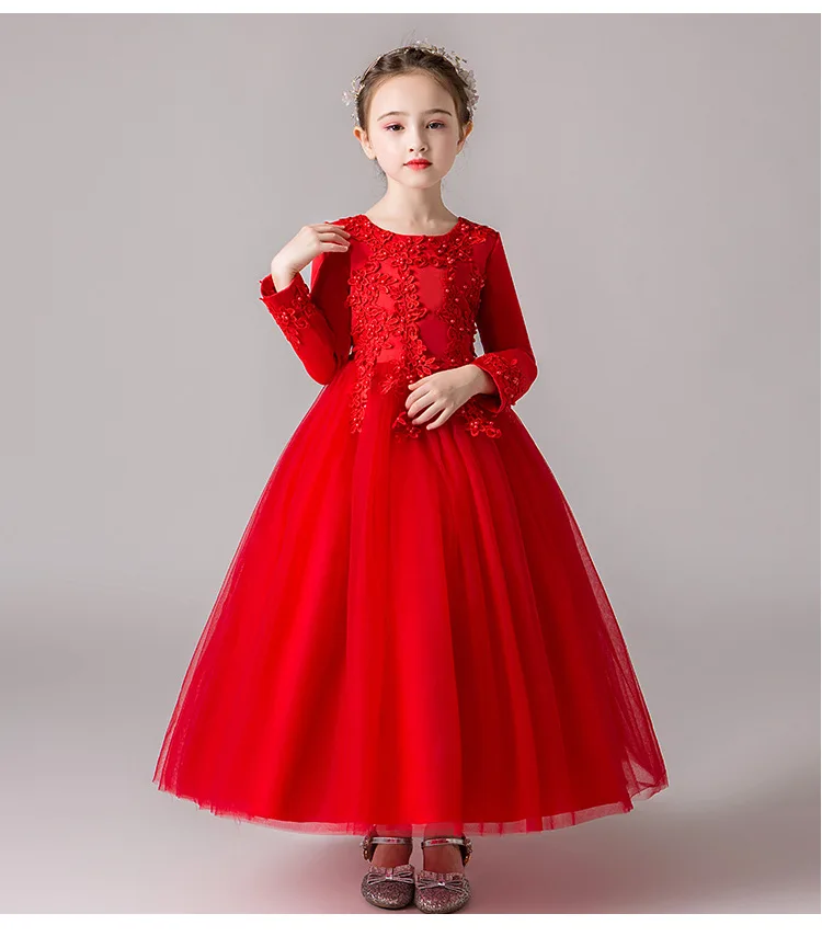 Платье принцессы для девочек торжественное платье Коллекция года, осенне-зимний стиль, корейский стиль, пышный трикотажный лыжный костюм с длинными рукавами