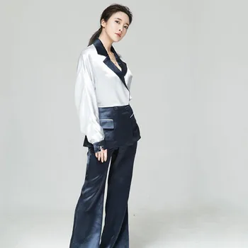

Womens pants suits stitching acetate womens suit 2-pcs double-breasted blazer trousers summer thin section ladies banquet suits