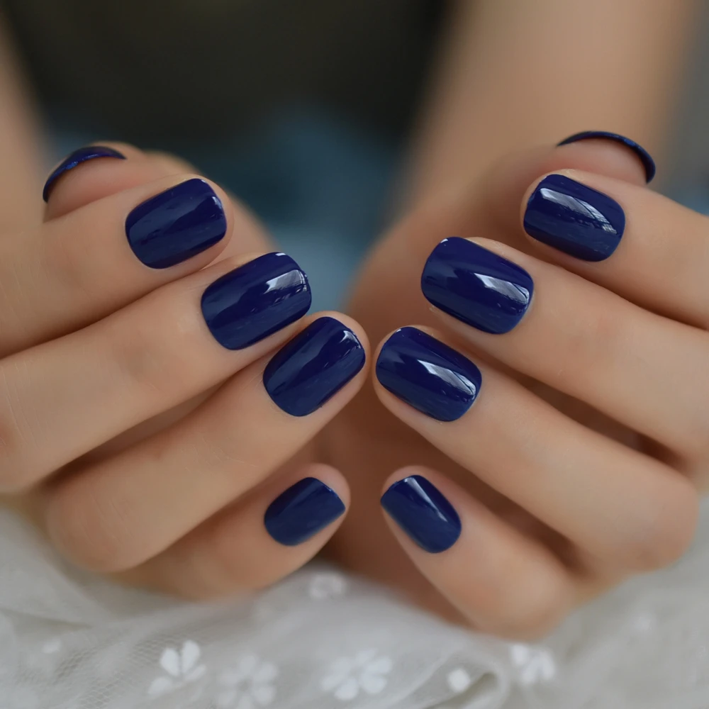 Короткие круглые накладные ногти, темно-синий блестящий УФ-гель, чистый цвет, классические кончики для ногтей, акриловый пресс для ногтей