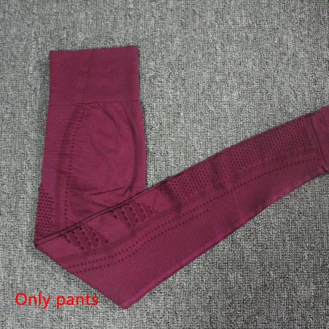 Wine red pants Безупречный вязаный бесшовный комплект для йоги Женская одежда для фитнеса спортивная одежда короткий топ с длинными рукавами+ спортивные сетчатые леггинсы 2 шт. спортивные костюмы - Цвет: Wine red pants