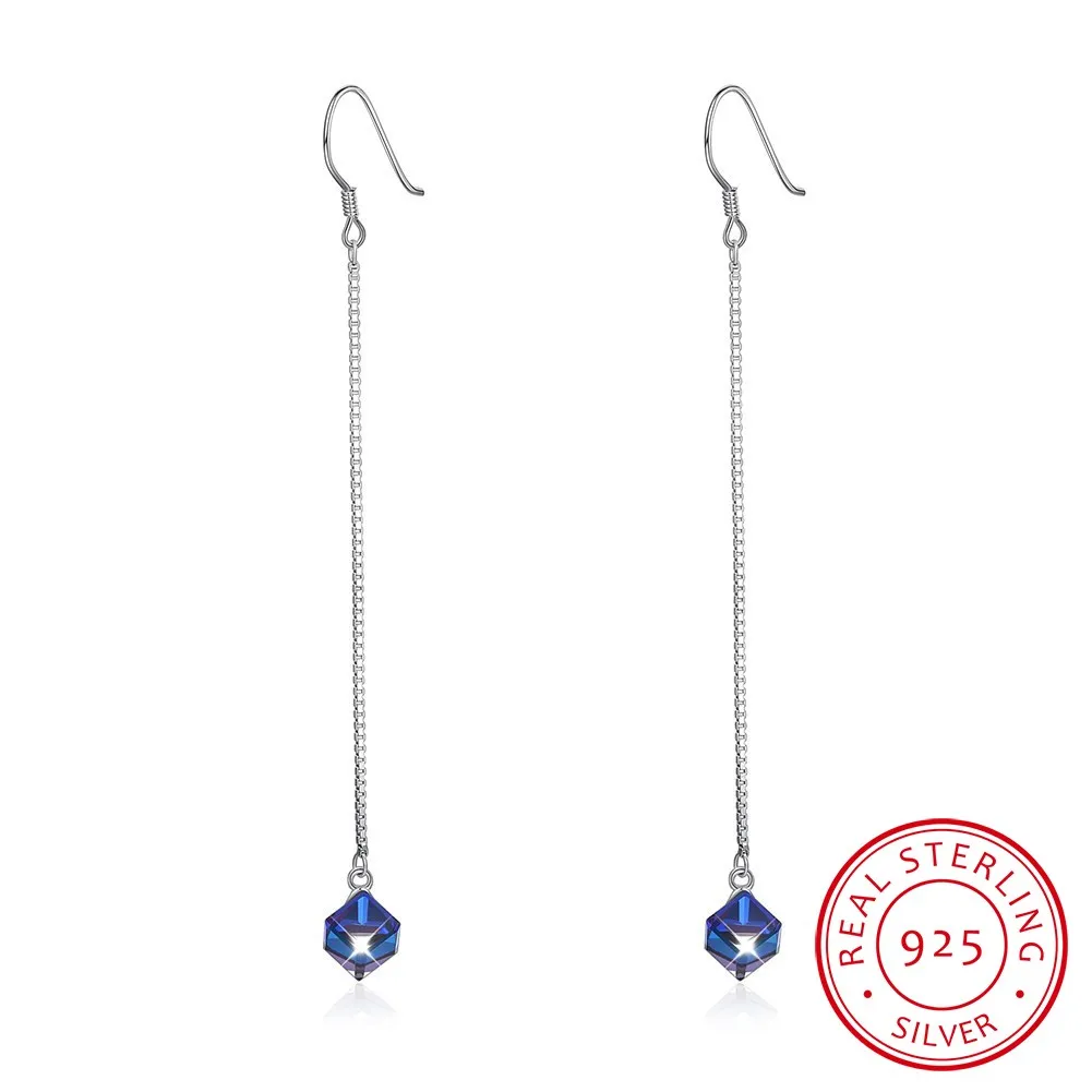 

LEKANI Crystals Long Chain Cube Beads Drop Earrings S925 Sterling Silver Piercing Women Fine Jewelry