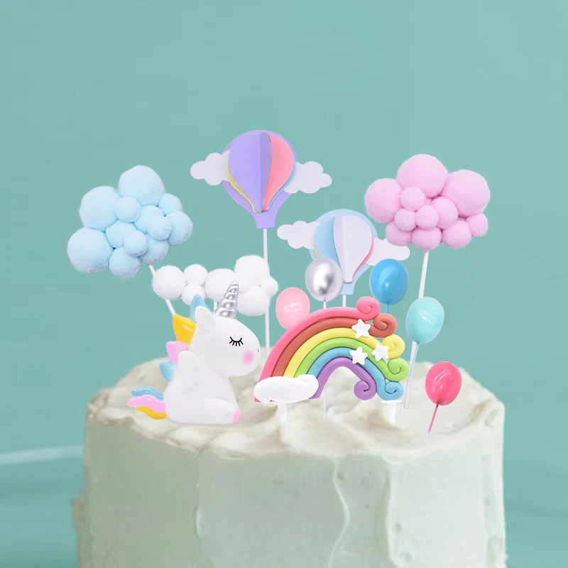 buy 1pc Rainbow Unicorn Cake Topper Pom Pom Cloud Cupcake Flags Kids Birthday Party Cakes Decoration Wedding Dessert Favors Ornament