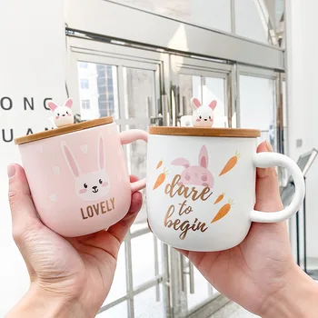 

Cartoon Cute Rabbit Ceramic Cup with 3D Wooden Lid Spoon Milk Coffee Mugs Household 450ml Large Capacity Breakfast Mug for Women