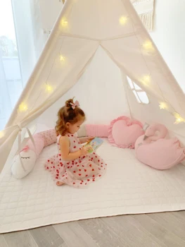 

163cm Teepee Tent for Kids Playhouse with Floor Mat & Carry Case forChildren Indoor Outdoor- White Cotton Canvas Tipi