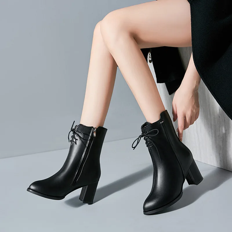 

Classics Fashion Women Mid Calf Boots Cross-tied Solid Vintage Winter Boots Round Toe Med Plus Size Shoes