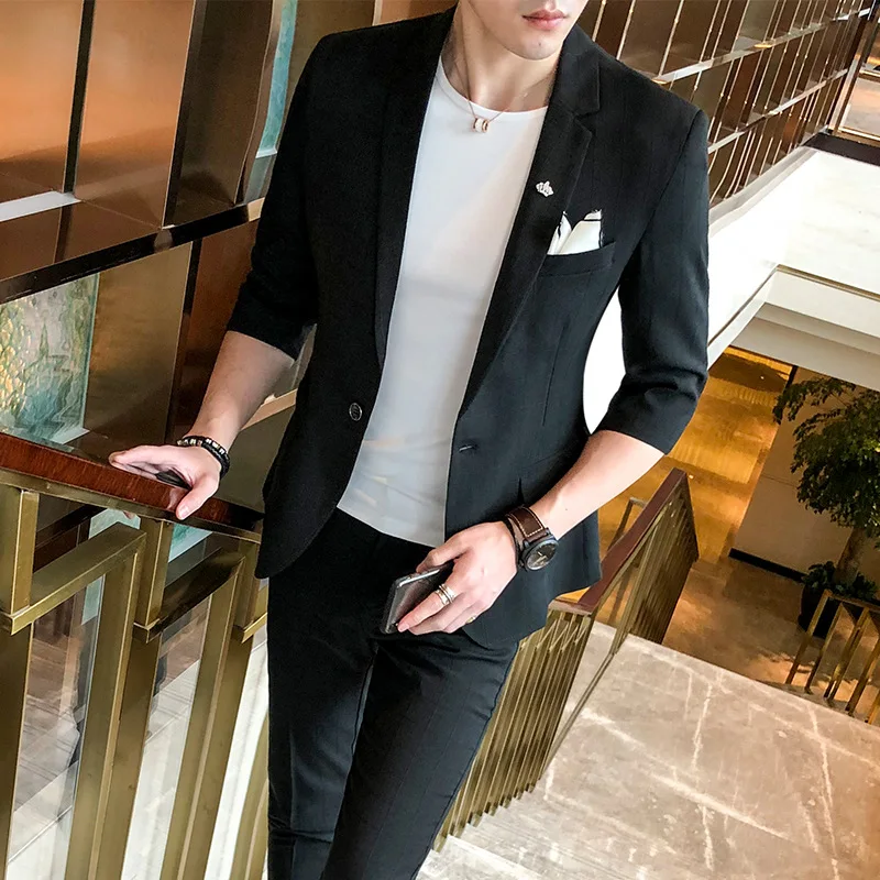 

2018 Korean-style New Style Leisure Suit Young MEN'S Slim Fit Hair Stylist Solid Color Half-sleeve Shirt Suit 7 Points Sleeve Tw