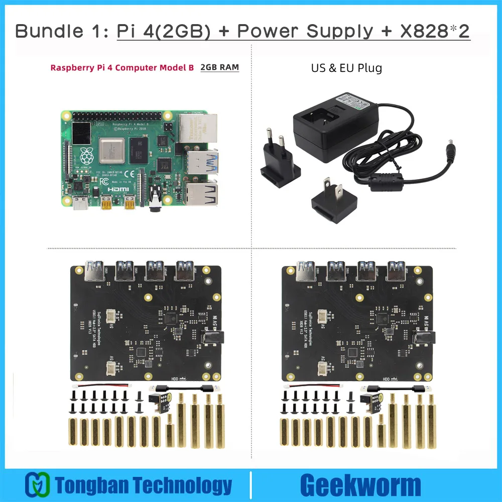 Kit A Raspberry Pi 4 Модель B+ 2 предмета стекируемые X828 2," жесткого диска SATA HDD/SSD кластера Плата расширения памяти+ DC 5V 4A Питание для 4B - Цвет: Kit A