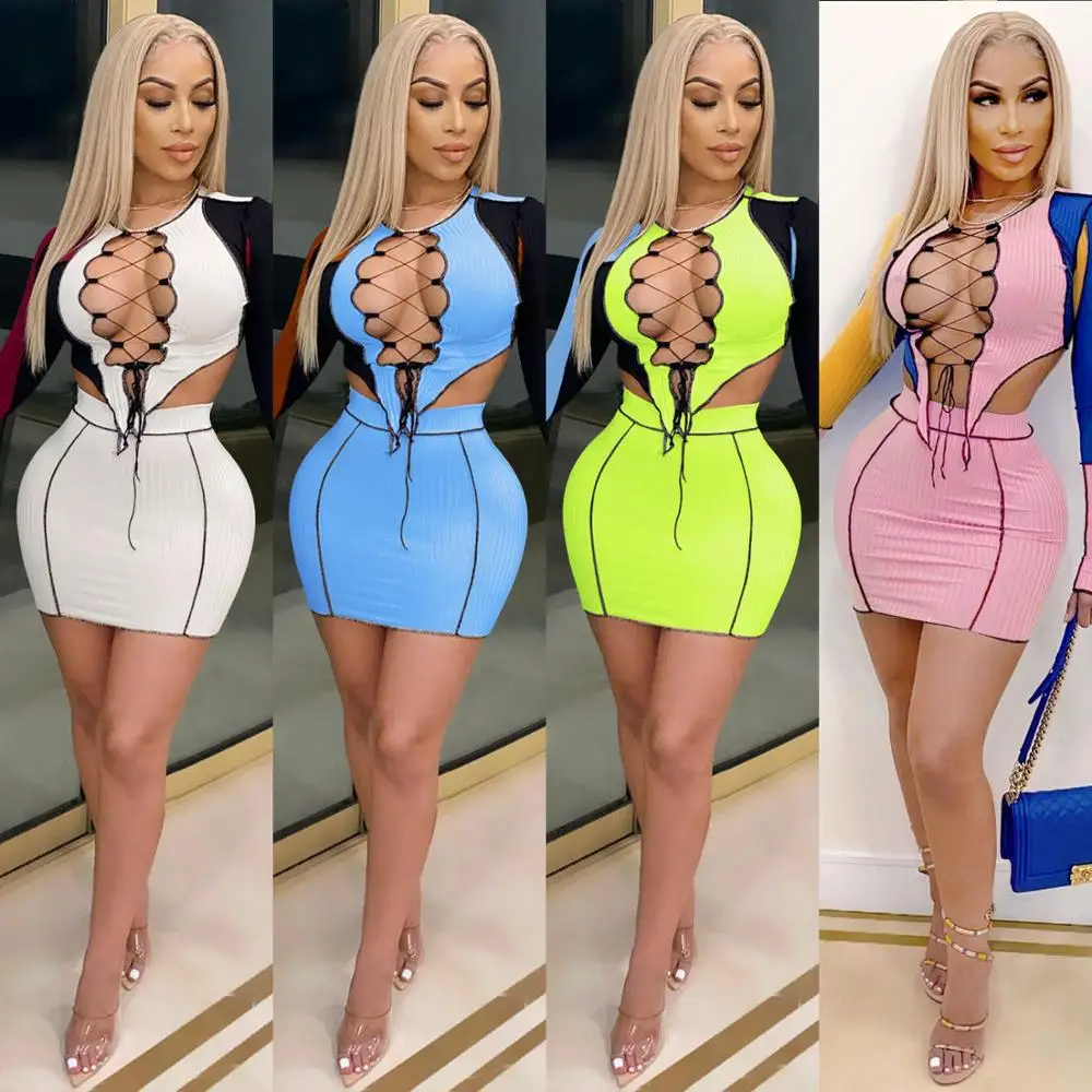 

Fall Color Ribbed Color Patchwork Print Skinny Mini Skirt Set Lace up Cross Hollow Out Crop Top Sexy Skinny Club Outfits New