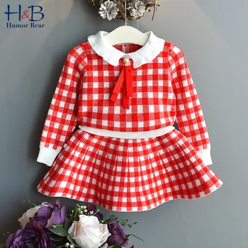 

Humor Bear Girls Clothing Suit Autumn Winter Student Bow Lapel Plaid Long Sleeve Sweater+ Skirt Sets Baby Kids Children Clothes