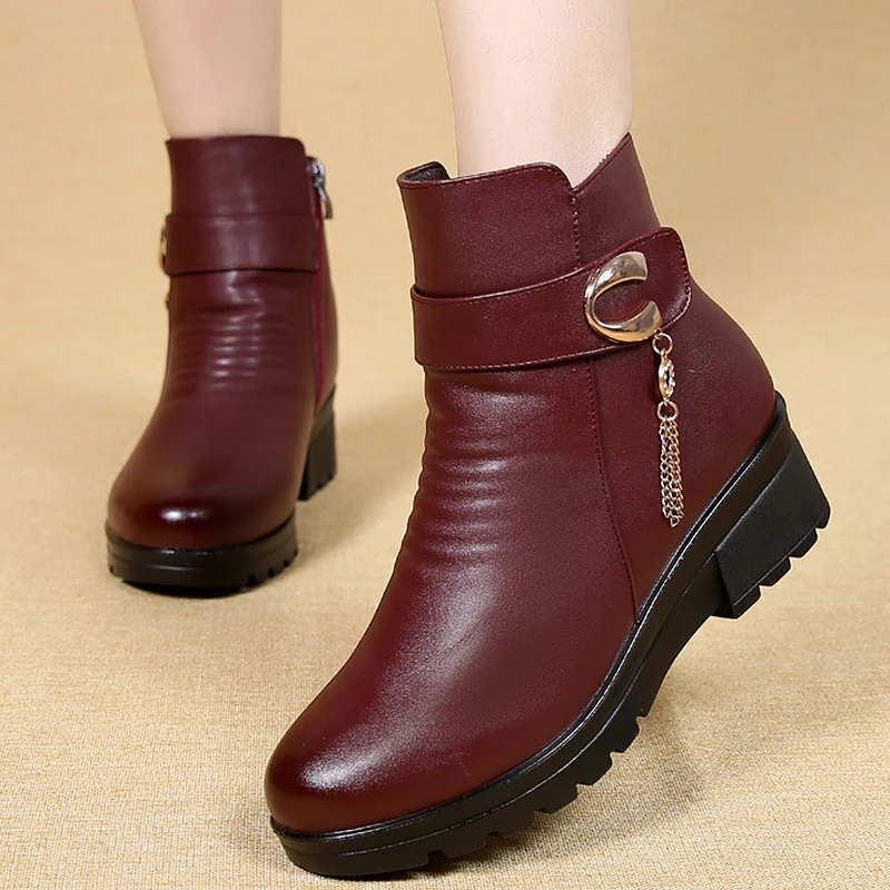 

Woman Ankle Boots 2020 metal Chain Fashion Wedge platform boots warm plush Winter boots for Women Waterproof Non-slip boot women