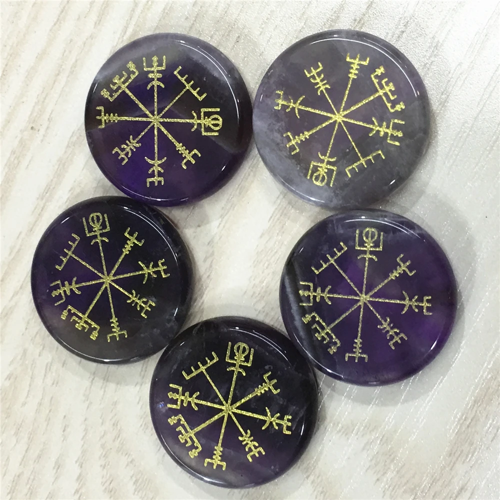 amethyst Горячие круглые натуральные Агаты лазурит пальмовый камень Vegvisir Викинг Компас Руна Guardian символы рейки целебные кристаллы - Окраска металла: amethyst
