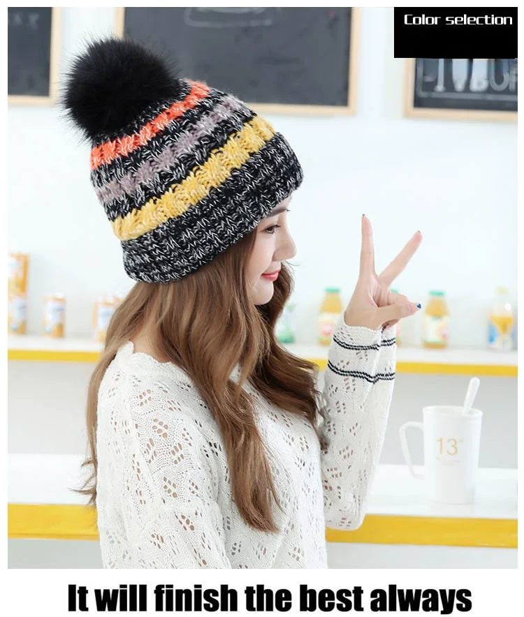 Korean Women's Knitted Hat Colorful Fur Pompom Woollen Cap Winter Plus Velvet Thick Warm Skullies Beanies Wool Ball Knitted Hat