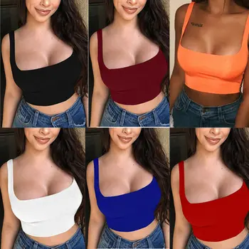

2019 Sexy Women Solid Strappy Tanks Vest Crop Top Summer Sleeveless Slash Neck Tanks Beach Women Sports Tank Tops
