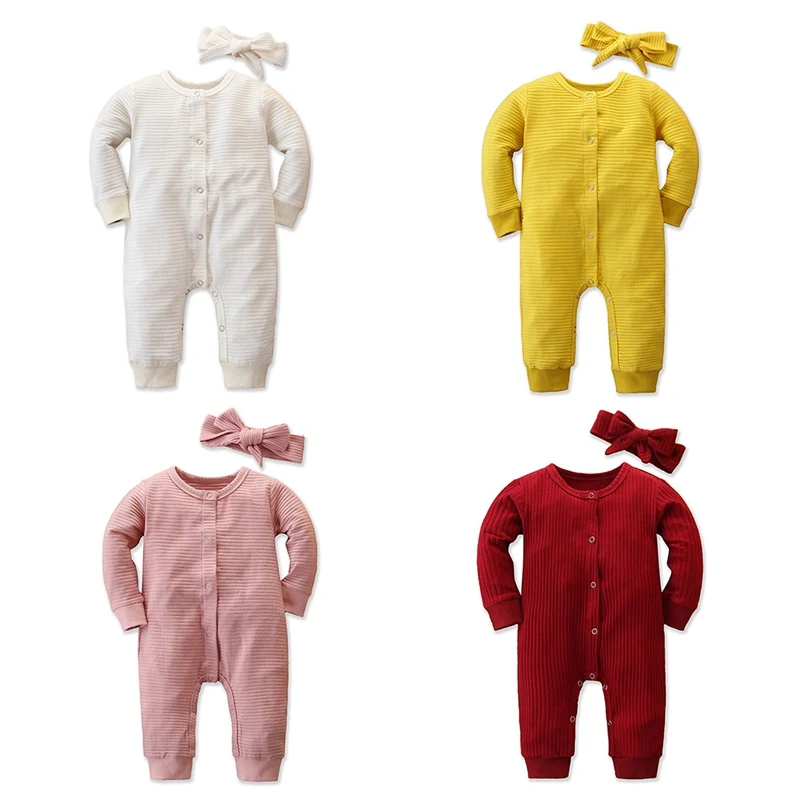 

Baby Romper Autumn Baby Girl Cotton Solid Pattern Infant Long Sleeve Bodysuit+Headband Newborn Romper Set