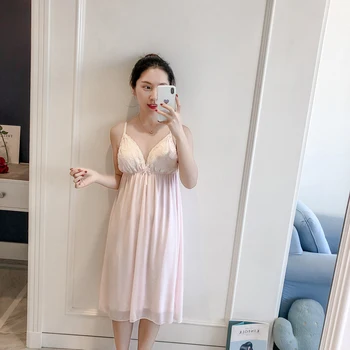 

Sexy Lingerie Silk Nightgowns Satin Sleepwear Women Sleeveless Nighties V-Neck Nightdress Nightwear Nightshirt With Chest Pad