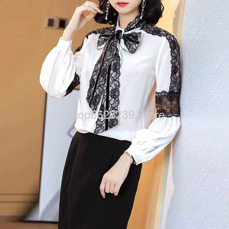 

Mulberry Silk Shirt Pack 2020 Long Sleeve Top Lace Splicing Foreign Style Small Shirt