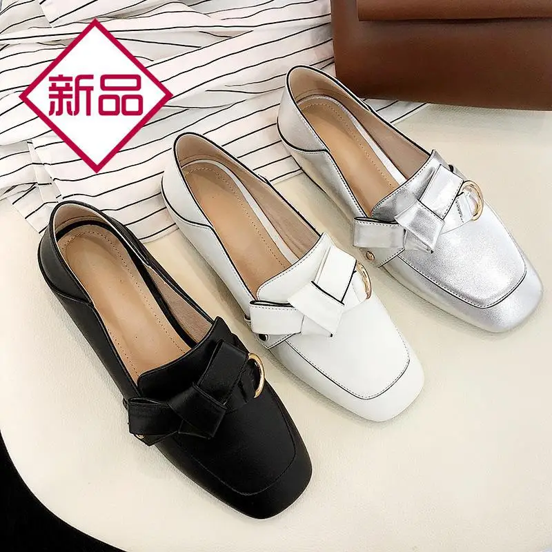 

White Retro Bow High Heel Shoes Online Celebrity Years New Style Low-top Shoes Foot Covering Core Daily Life Silver Chunky-Heel