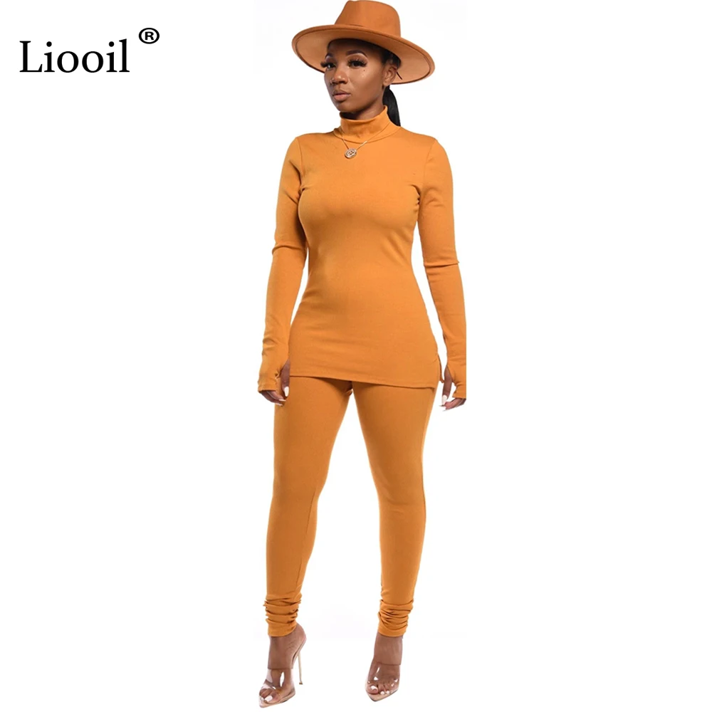 Liooil белый комплект из 2 предметов для ночного клуба, вечерние наряды для женщин,, водолазка с длинным рукавом, сексуальные топы и брюки-карандаш, подходящие комплекты