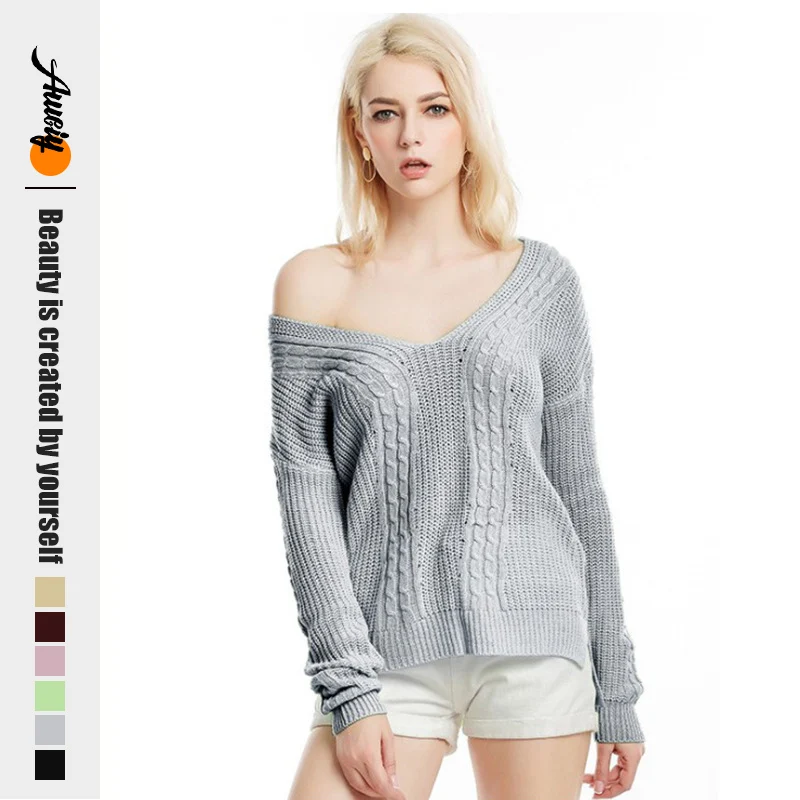 

2019 Autumn Winter New Deep V-neck Knit Sweater Short Sweater Off-the-shoulder Pullover Shirt Sweater Sueter Mujer Invierno