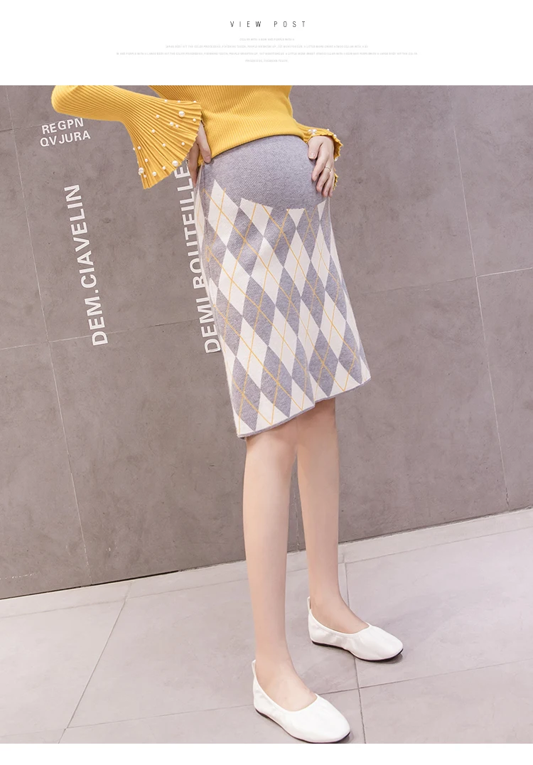 Fashion Printing Maternity Knitted Belly Skirts Autumn Office Lady Elegant Plaid Skirt Knee-Length Pregnant Women Empire Skirts