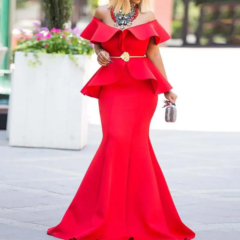 

Red Falbala Sexy Off Shoulder Peplum Mermaid Long Party Dress Women Evening Dinner Plus Size High Waist Ruffles Maxi Dresses