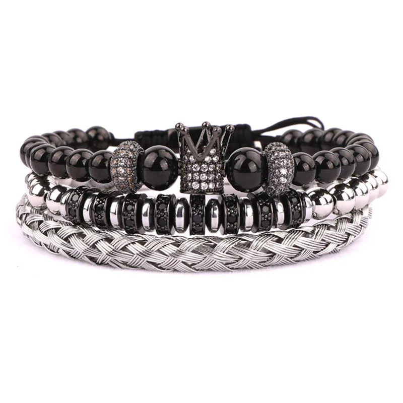 3PC/SET Men Jewelry Bracelet Set CZ Pave Crown Charm Bracelet Stainless Steel Bangle Beaded Macrame Bracelet - Image 3