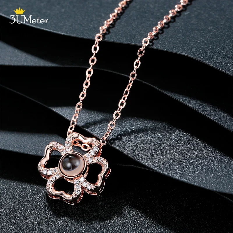 

I Love You Necklace 100 Languages Love Heart Clover Pendant Projection Necklace The Memory of Love Nanotechnology Necklace Best Gift for Mother's Day