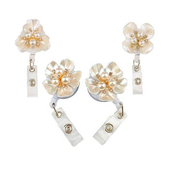 

20pcs/lot Creative Rhinestone Pearl Flower Nurse Gift ID Badge Holder Retractable Reel with Belt Clip for Accessory