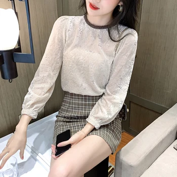 

COIGARSAM Full Sleeve blouse women New Solid Lace O-Neck blusas womens tops and blouses Apricot 8080