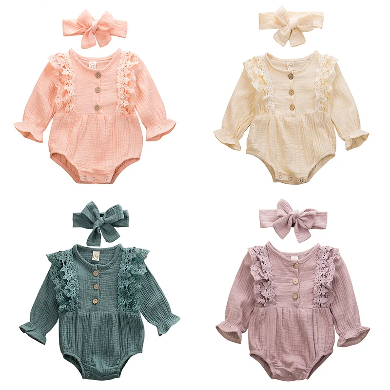 Newborn Baby Girls Rompers Ruffled Solid Color Princess Long Sleeve