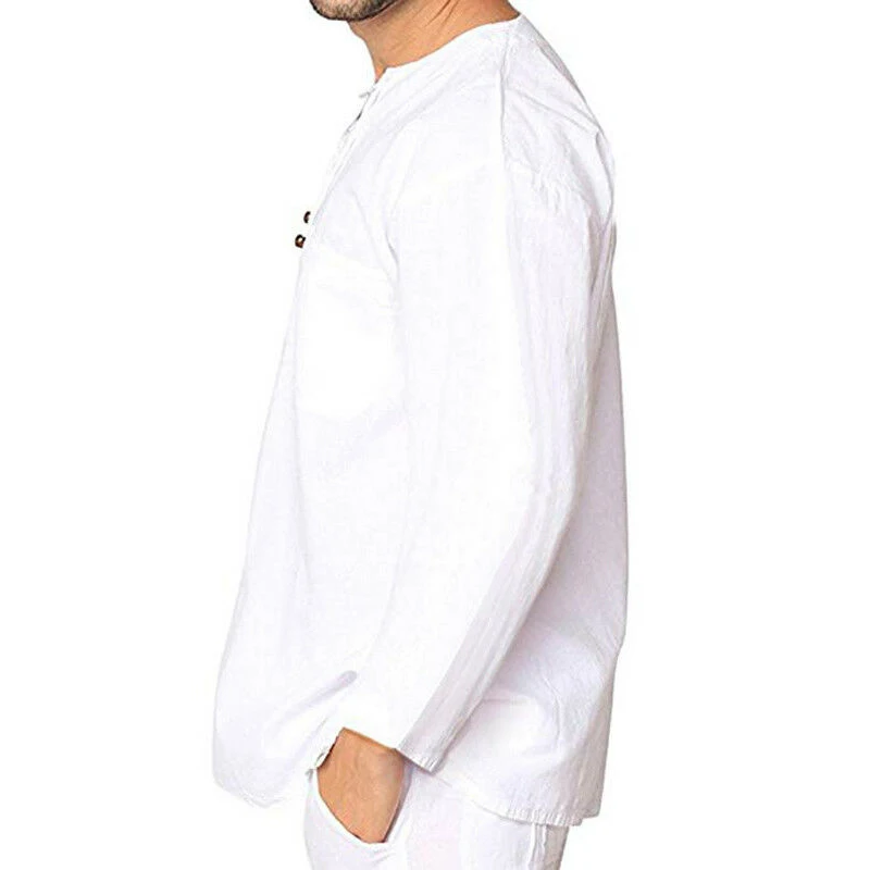 Hot Men Solid Baggy Shirt Cotton Linen Hippie Shirt Summer Mens Fashion Casual Street Daily Long Sleeve V Neck Shirt Five Color