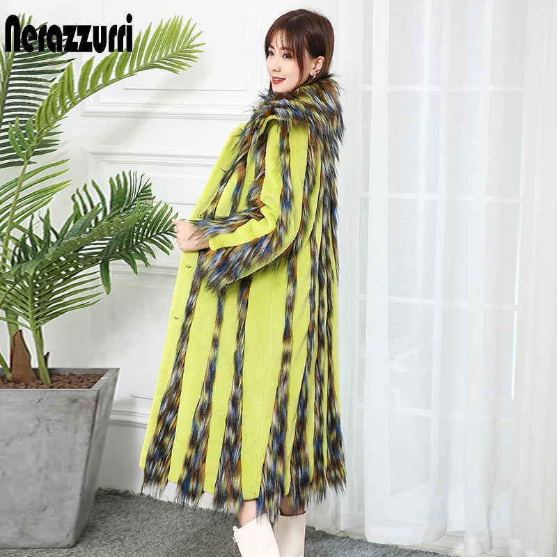

Nerazzurrti 2019 runway womens fashion faux fur coats long sleeve multi color streetwear vintage plus size winter clothes women