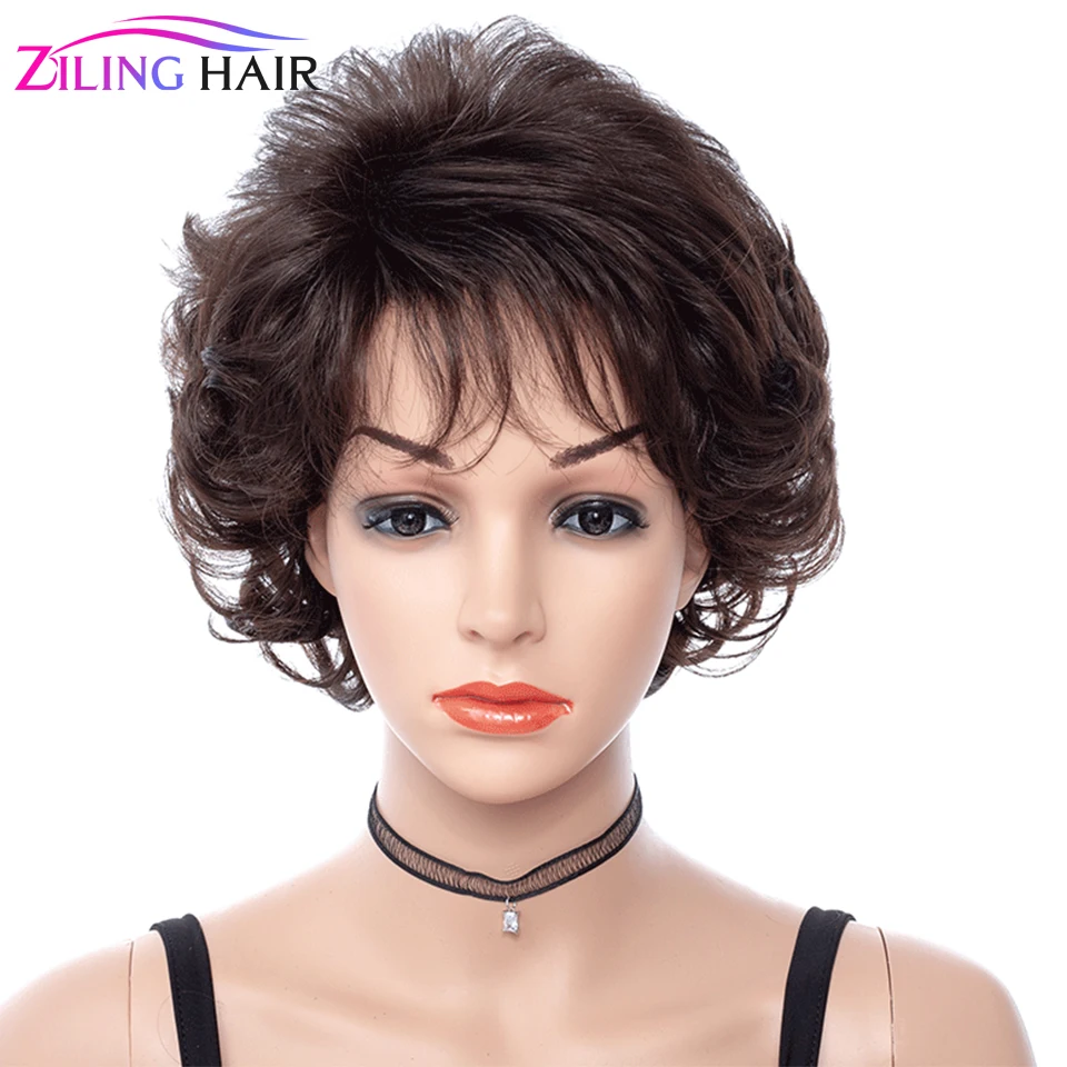 

synthetic short brown natural wave bouncy curly wig with bangs for women cosplay women's wig bangs Ziling hair