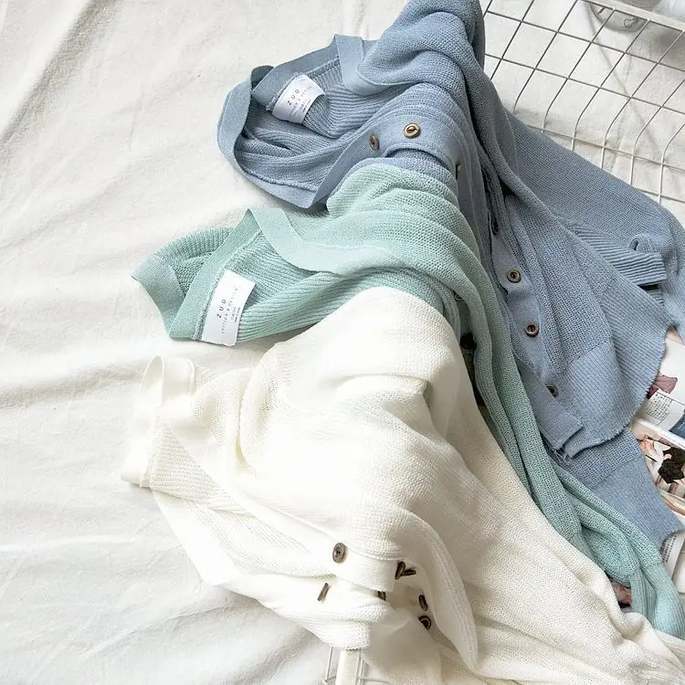 

Ice Silk Knitting Cardigan Woman V-neck Long Sleeve Thin Casual Loose Coat Green Gray Beige Autumn Outwear Tops Sweater
