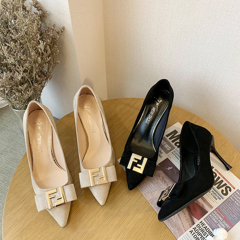 

Fashion Girl High-heeled Women's Shoes With Stiletto Metal Buckle 2020 New Temperament Wild Work Shoes Pointed Shallow Shoes
