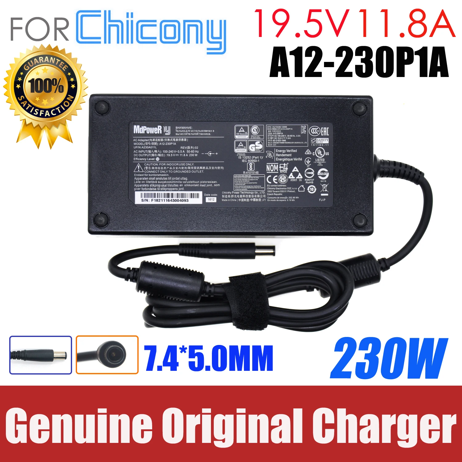 

Genuine A230A006L 19.5v 11.8a ac power adapter for MSI G752VY GE63 GE73VR GT72VR VR ONE 7RD-067US Chicony A12-230P1A adapter