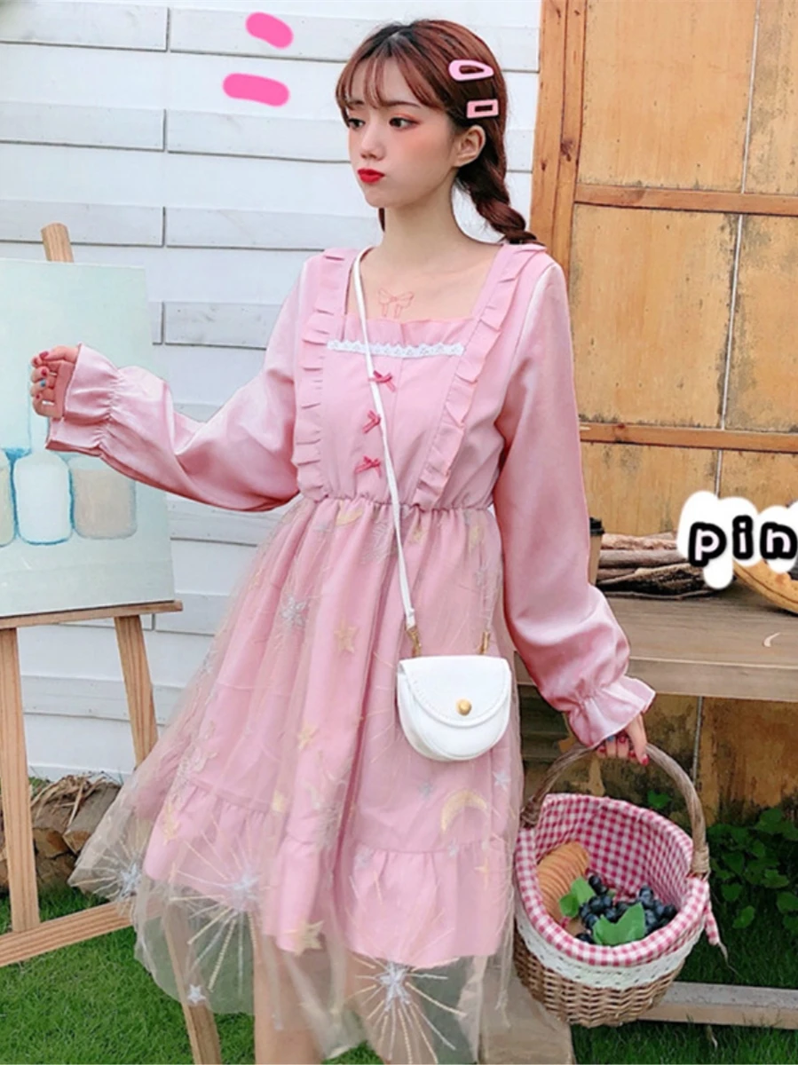 

Autumn Kawaii Japanese Lolita dress Summer bow mesh embroidery super fairy daily Lolita long-sleeved dress women