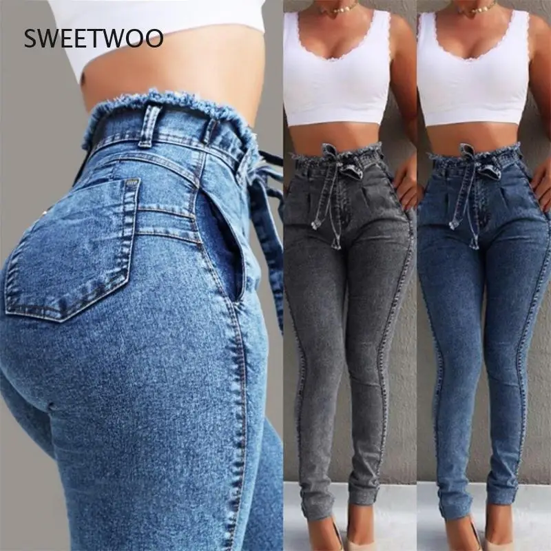 Women's Jeans High Waist Pants 2021 Korean Fashion Winter Push Up Sashes Tassel Elastic Denim Skinny Pencil Pants Grey