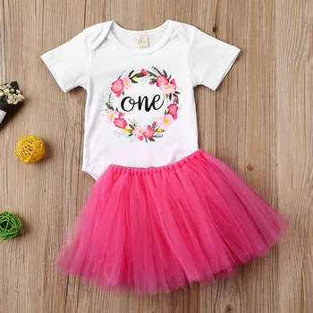 

Summer 2PCS Newborn Infant Letter Floral Printing Short Sleeve Bodysuit Mesh Skirt Set Baby Girls Breathable Bubble Skirt