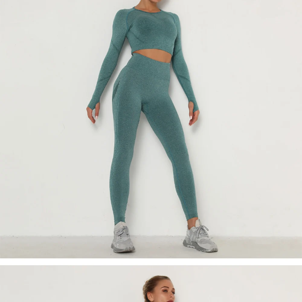 跨境欧美-无缝瑜伽服套装吸汗提臀-高腰健身裤女紧身长袖运动套装-阿里巴巴_18