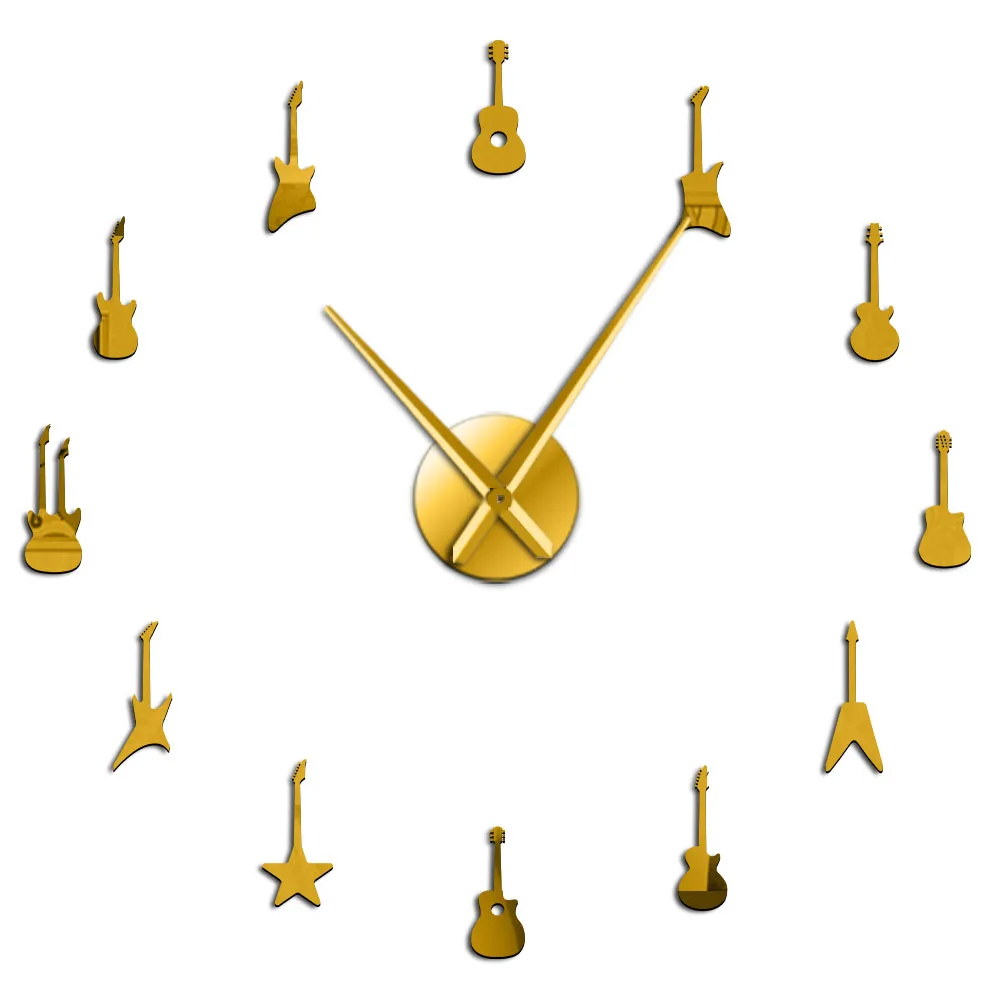 Гитара разнообразие музыки DIY гигантские настенные часы музыкальный декор комнаты бескаркасные большие иглы большие настенные часы рок-н-ролл гитарные настенные часы - Цвет: Gold