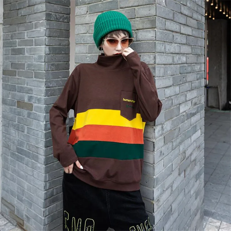 Модная harajuku футболка новая с длинным рукавом camiseta mujer повседневная плюс бархатная теплая футболка Женская Полосатая Рубашка женская футболка - Цвет: Коричневый