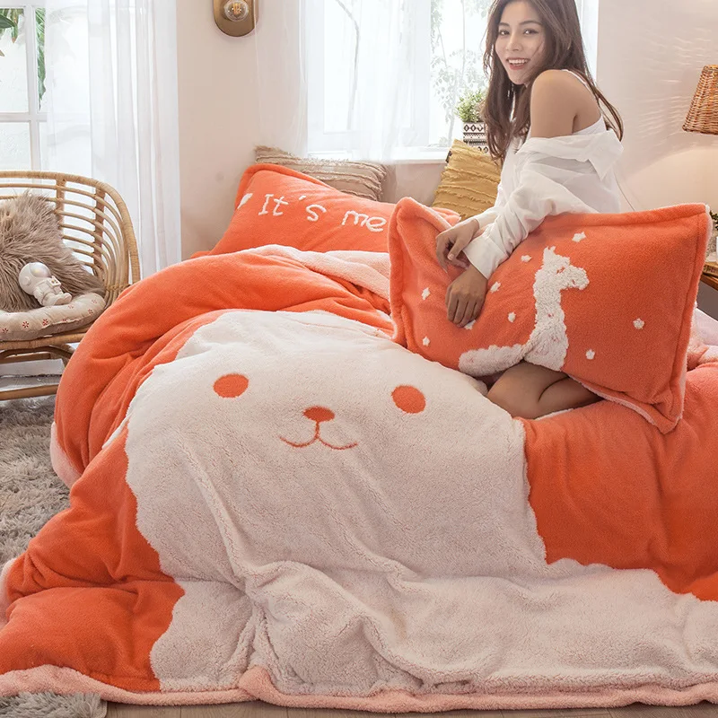 cute white Китайский год 5D постельных принадлежностей из вельветина для теплый постельное белье queen Комплект постельного белья 3D зимние 4kgs дома 4 шт./компл. постельное белье фланель флис - Цвет: cute white