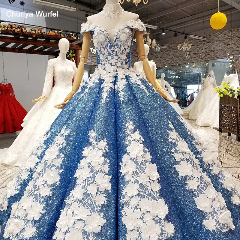 

LS411422 3D flowers decorate special blue dress with beaded shoulder chain off shoulder floor length evening dress with collar